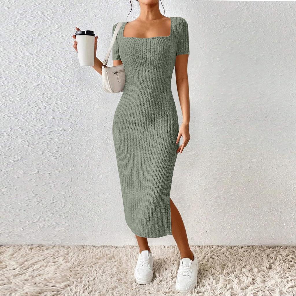 Women's New French Stand Alone Square Neck Short Sleeve Side Slit Dress
