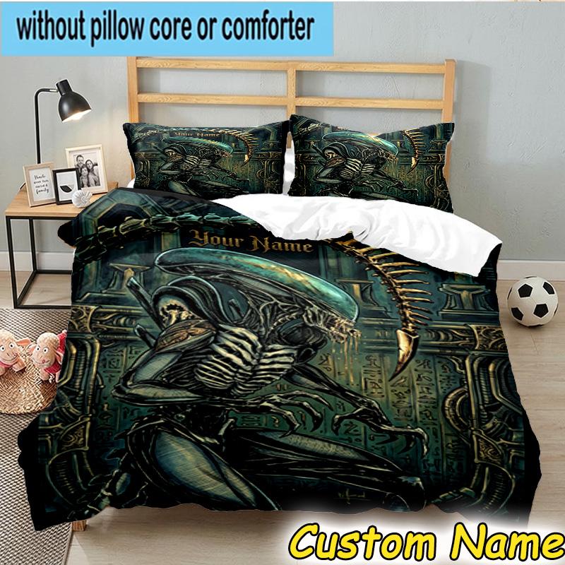 3pcs Custom Name Alien Artwork Bedding Set Includes 1 Duvet Cover & 2 Pillowcases for All Seasons Dormitory Home Decor Christmas Gifts