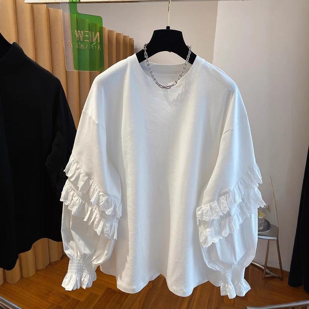 French super fairy lace fungus edge splicing T-shirt women's long sleeves 1116 new loose casual beautiful crew neck top