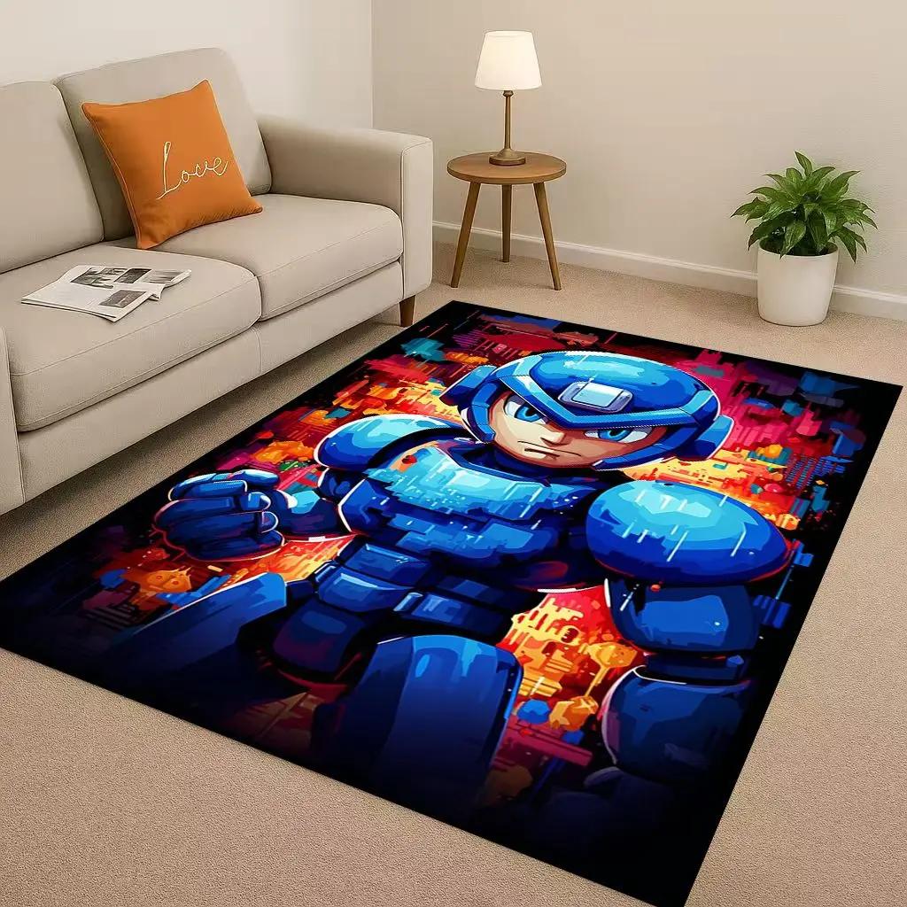 3D Retro Game Rockman Mega Man Living Room Non-Slip Area Rug Soft Carpet for Bedroom Playroom Sofa,Easy Clean Home Decor Doormat