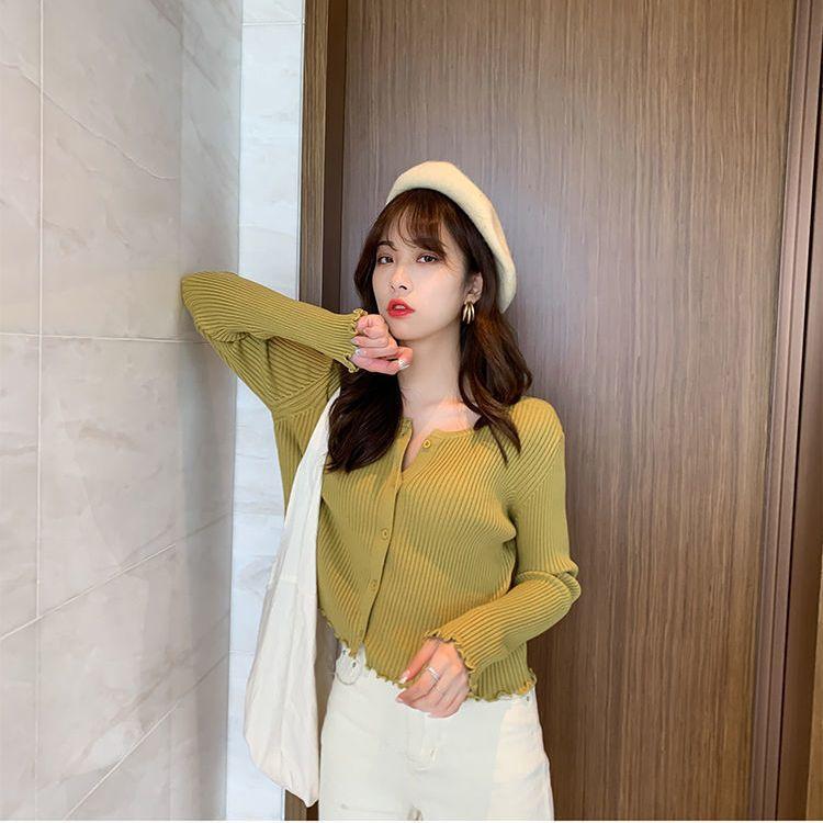 

Женский вязаный кардиган с деревянными ушками, короткий, весна и осень, тонкий модный свитер, пальто L жёлтый