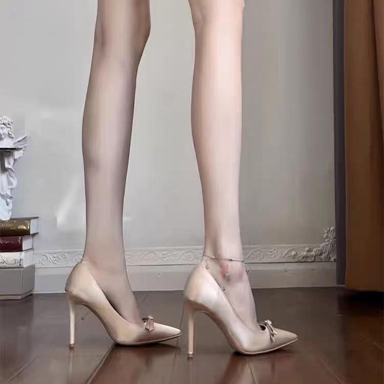 With skirt French super beautiful high heels women's 2025 spring and autumn new pointed high heels bow temperament bridesmaid wedding shoes