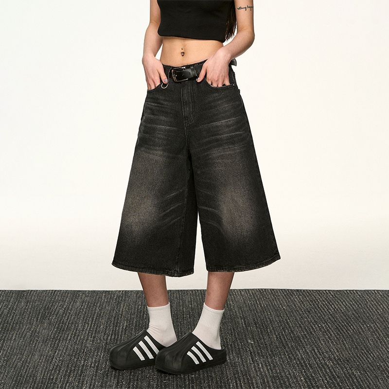 

Aaisup American Retro Washed Old Creases Denim Shorts Female Summer Loose Cropped Straight-Leg Wide Leg Middle Pants