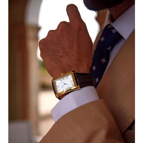 Peugeot Men's Vintage Rectangular 14K Gold-Plated Black Leather Strap Watch