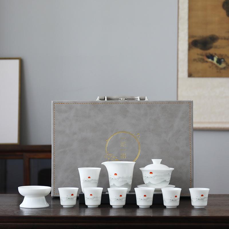 Ceramic suet jade porcelain kung fu tea set business company banking enterprise festival high-end gifts