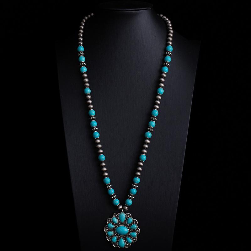 Bohemian Retro Ethnic Style Turquoise Necklace Female Western Denim Style Multi-Layered Wearing High-End Sweater Chain