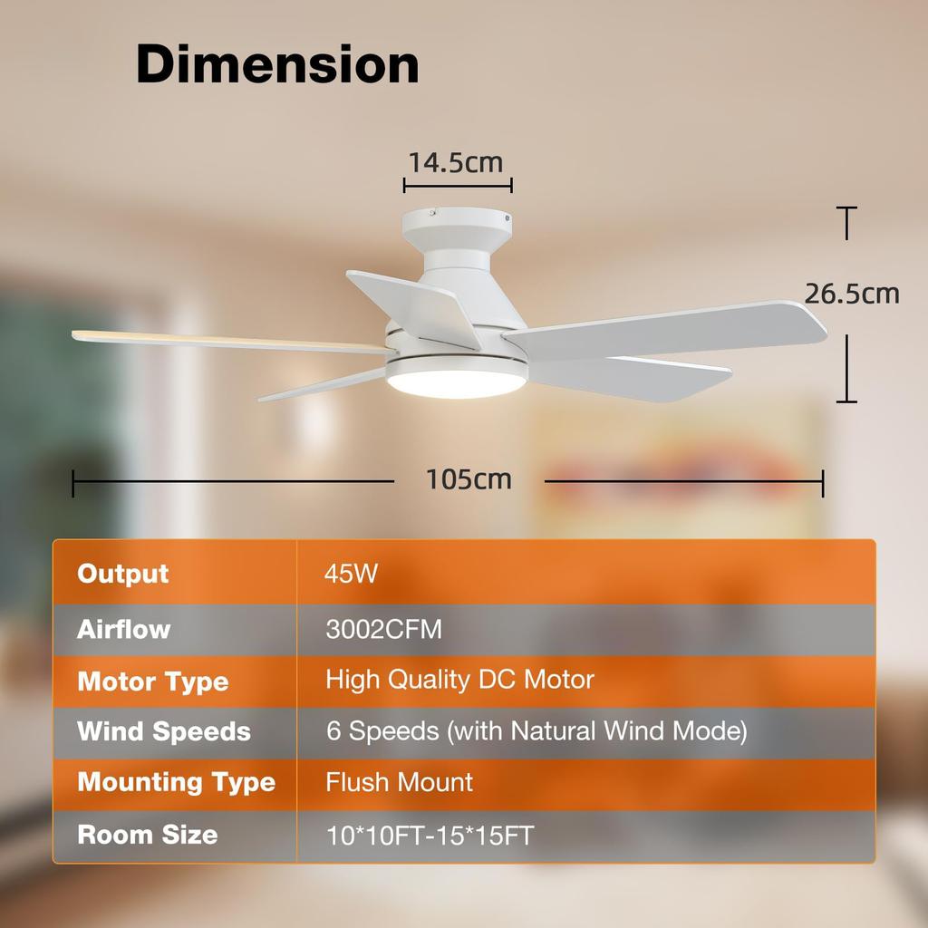 Ventilator Modern cu Lampă de Tavan 52" 5 Pale Ventilator de Tavan Silențios Corp de Iluminat LED 6 Viteze Ventilator DC Reversibil Negru/Lemn Montare Directă pe Tavan