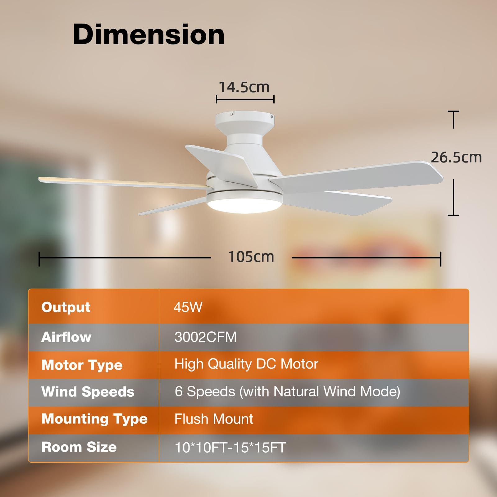 

52 Modern Ceiling Lamp Fan 5 Blades Noiseless Ceiling Fan Led Light Fixture 6 Speed DC Reversible Fan Black/Wood Flush Mount