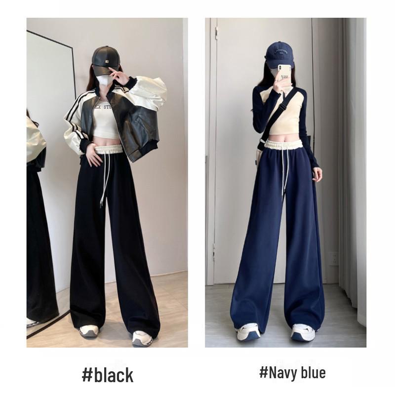 Women's High-Waist Navy Blue Drawstring Wide-Leg Sweatpants - American Style, Contrast Color, Autumn Casual Wear