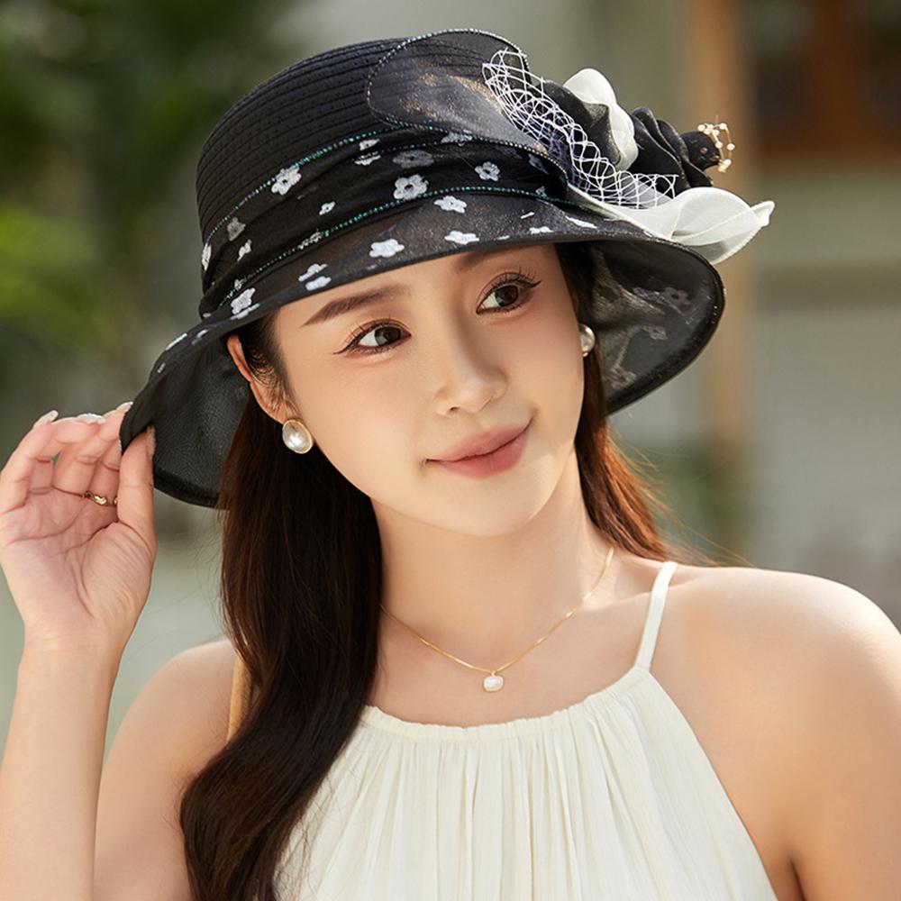 Flower Decor Dotted Print Bucket Hat Wide Brim Beach Hat Fashion Fisherman Hat  Summer