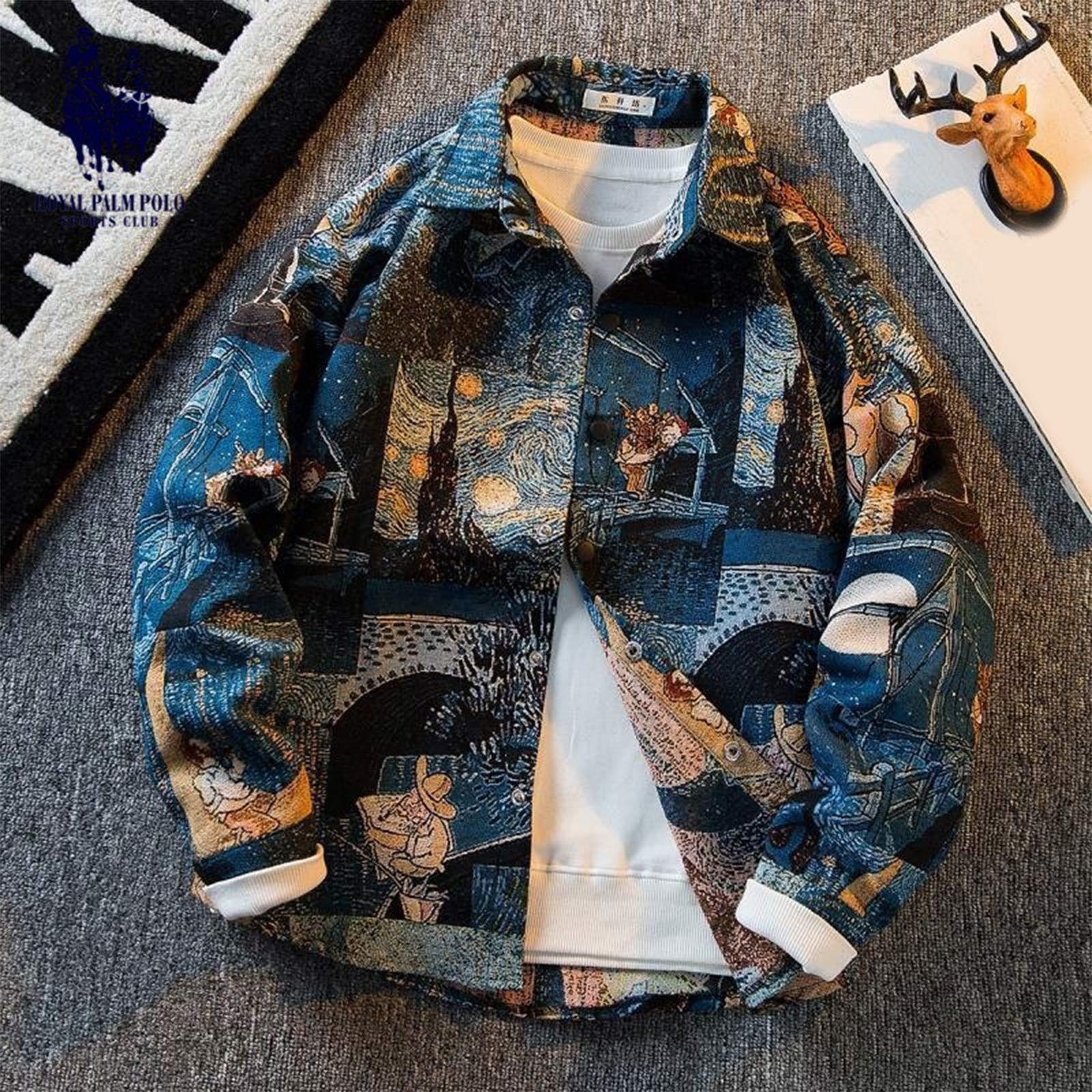 

Белая рубашка с длинными рукавами и отпечатком губ для мужчин и женщин летом, тонкая и роскошная, ленивая и модная, свободная рубашка L синий