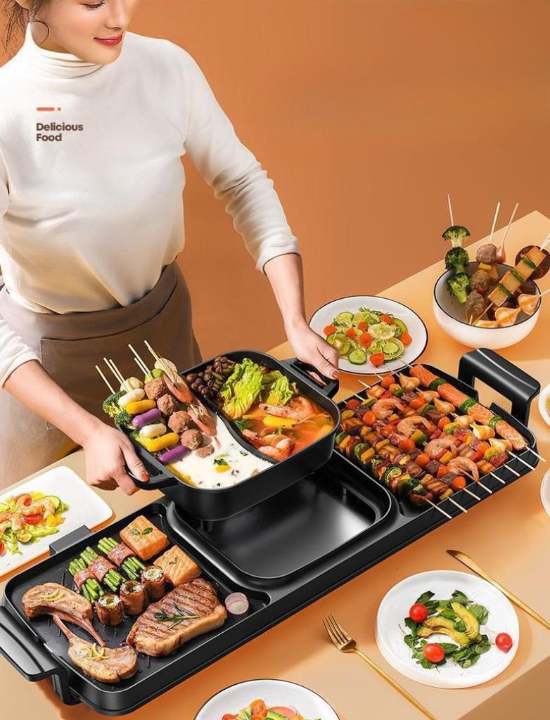 220V Household Multi-function Barbecue Machine Smokeless Instant Boiled Double-flavor Hot Pot One Machine Pan Fried Roast