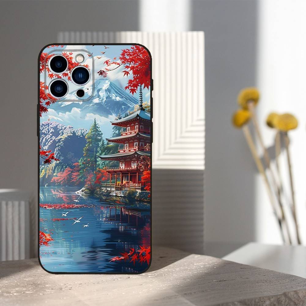 Japanischer Kunststil Hülle Für iPhone 11,12,15,14,13,16,17,Plus,Pro Max,XS,X,XR,SE,Mini,8,7,Weiches Silikon Schwarz