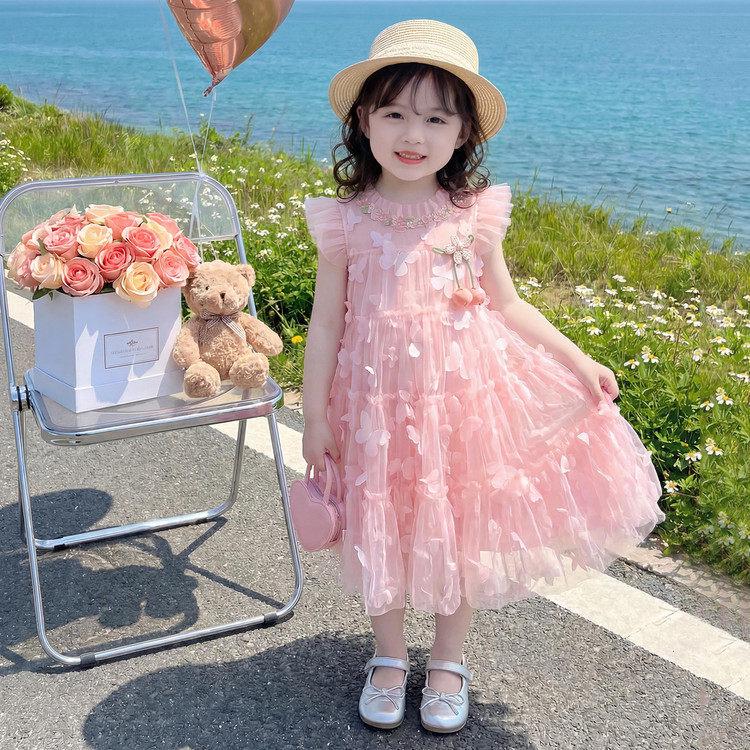 2026 Girls Summer Princess Sleeveless Mesh Dress with Butterfly Design, Pink 120cm