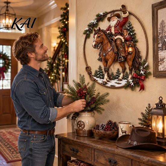Holiday Home Interior Ornaments Cowboy Santa Riding Horse Metal Wall Art, Western Christmas Round Sign with Sturdy Ranch Accents Rope Border,