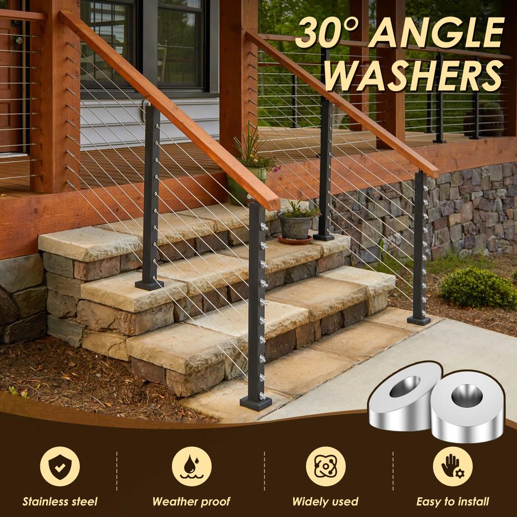 15/30Pcs 30 Degree Angle Beveled Washer Stainless Steel Weatherproof Sturdy Washer for 1/8" 5/32" 3/16" Stair Deck Cable Railing
