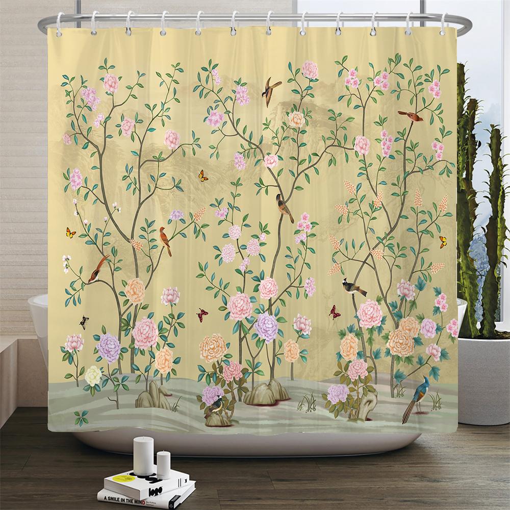 Flowers Birds Bath Curtain Waterproof Fabric Shower Curtains Floral Leaves Landscape Printing Bathroom Screen Home Decoration