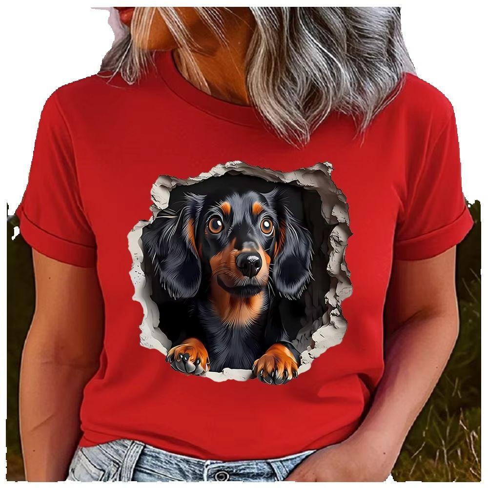 Women's Cotton 100% Interesting Dog Print T-shirt Loose round Neck Casual Short Sleeve Fashion Top Wholesale Clothing Summer