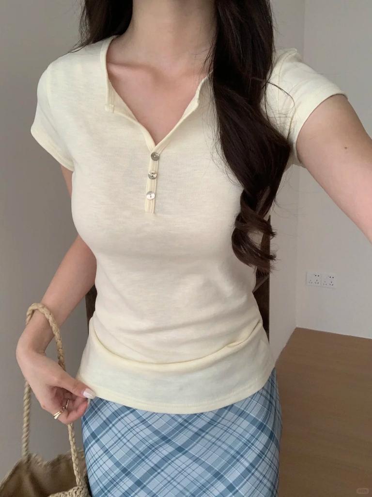 Henry Collar Three-button Small V-neck Short-sleeved Women's Summer Thin Slim-fit Slim Bottom Top Commuter Basic T-shirt