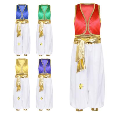 Boys Arabian Prince Costume Set Sleeveless Braided Trimming Open Front Waistcoat Elastic Waistband Patchwork Pants