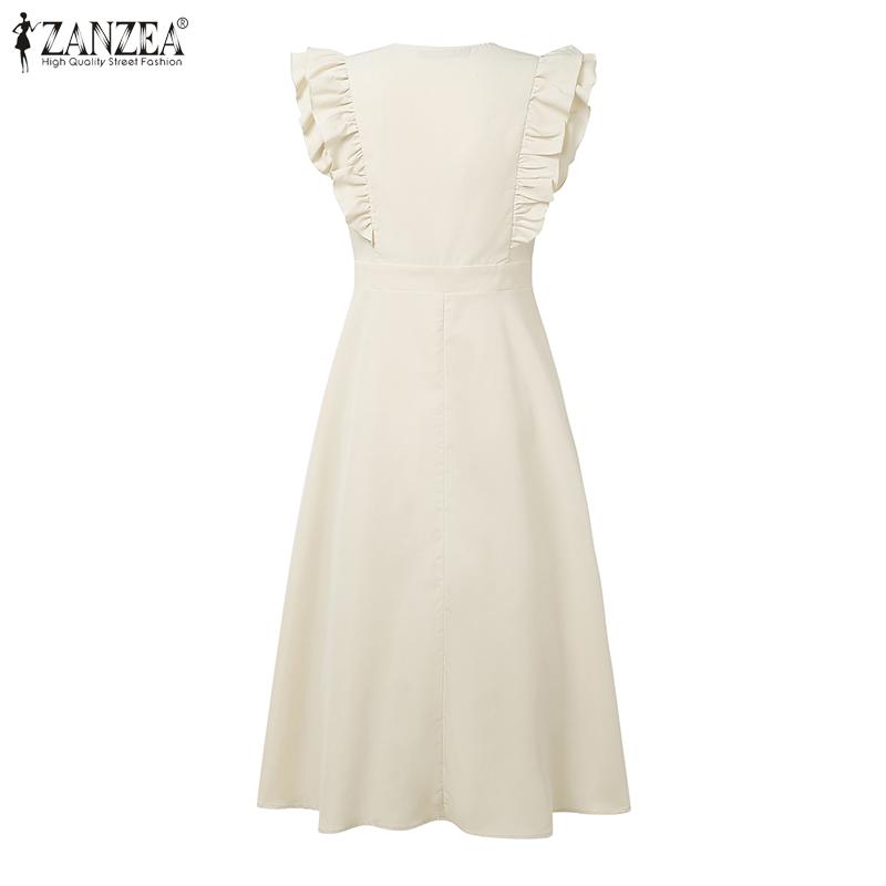 ZANZEA Abito Lungo Estivo da Donna con Scollo a V, Maniche a Volant, Ampio, Casual