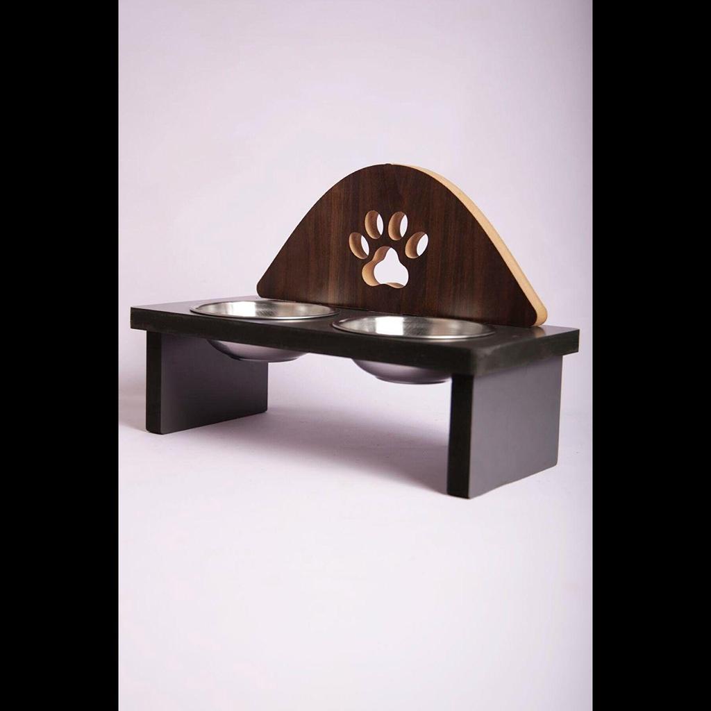 Mama Kabı Pati Desenli Ahşap Çelik Kaseli Kedi Köpek Mama Ve Su Kabı