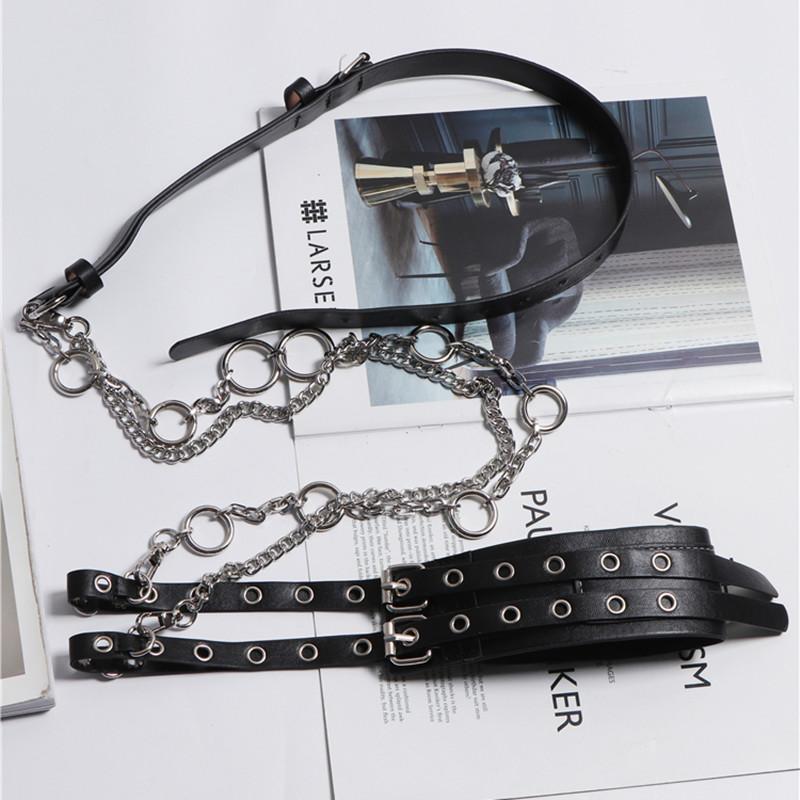 Hip Hop Detachable Metal Chain Leather Shoulder Strap Wide Belt Women Techwear Style Rivet Goth Punk Leather Belt Corset