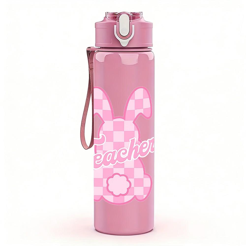 1PC Bunny Rabbit Pink Easter Line Art Print 750ml Color Plastic Sports Water Bottle Leakproof Flip Straw Lid Suitable for Sports Office Home Use