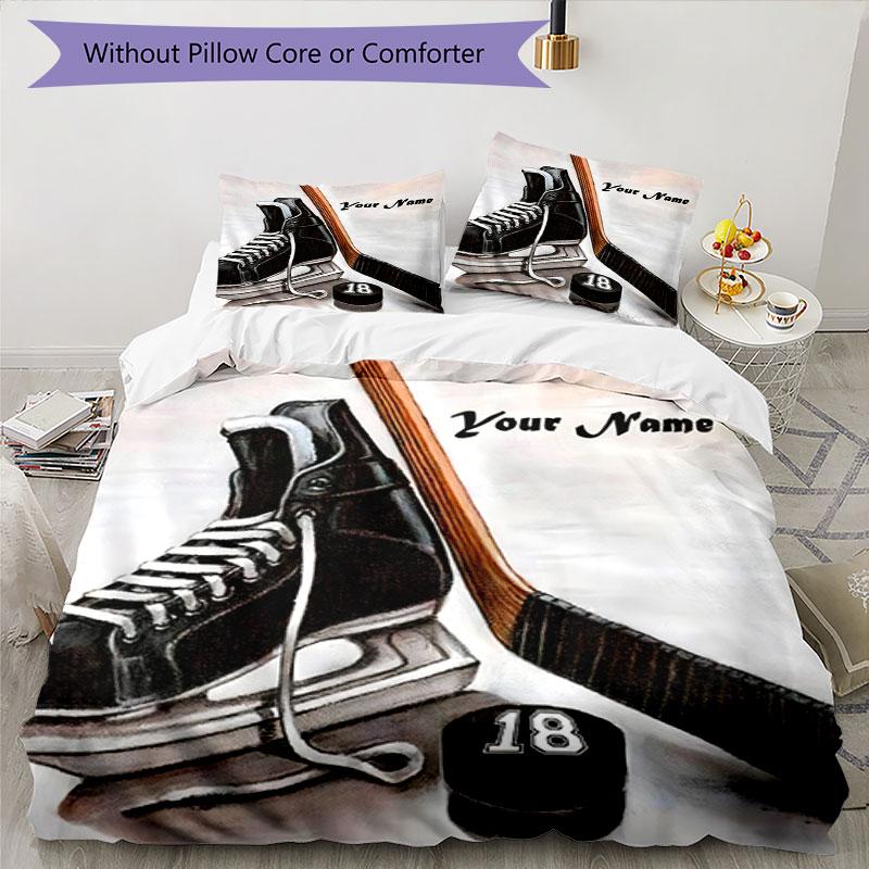3PC Custom Name Hockey Equipment Artwork Bedding Set Duvet Cover Closure Includes 1 Duvet Cover & 2 Pillowcases for Bedroom