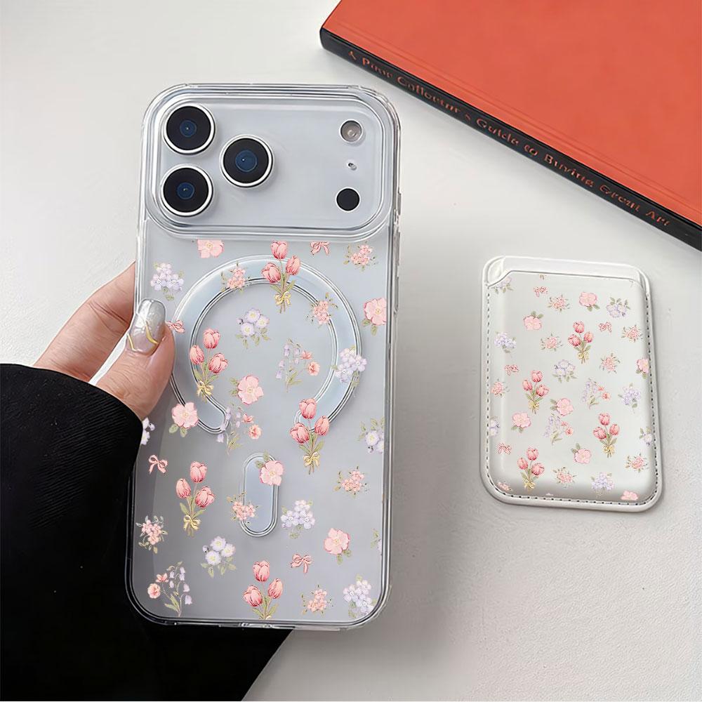 Full screen Pink Floral fragments For Magsafe wallet Magnetic Card holder Phone Case For iPhone 16 13 15 14 17 Pro Max 16E Cover