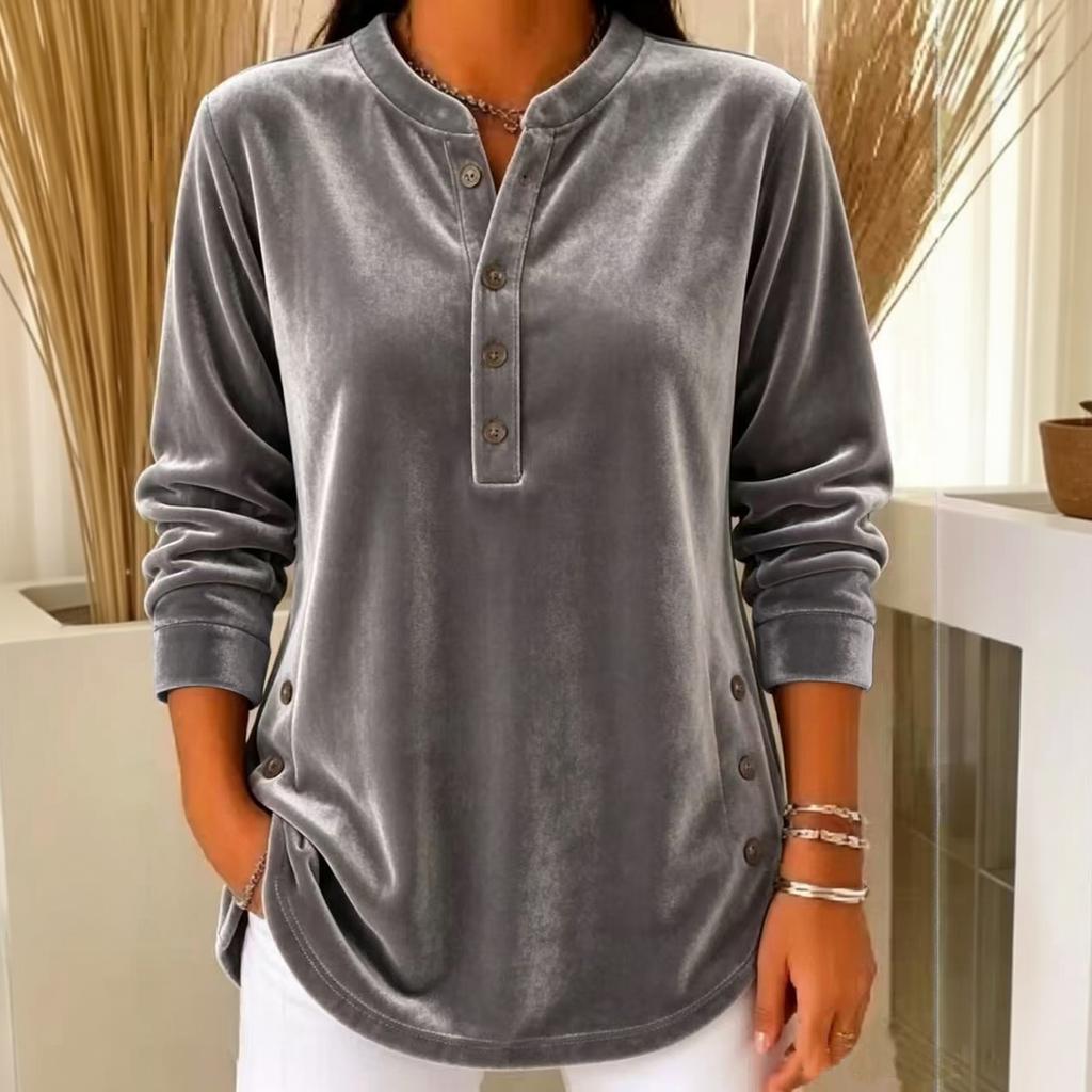 Haut Tunique Velours Femme Coupe Ample Col en V Boutonné Manches Longues