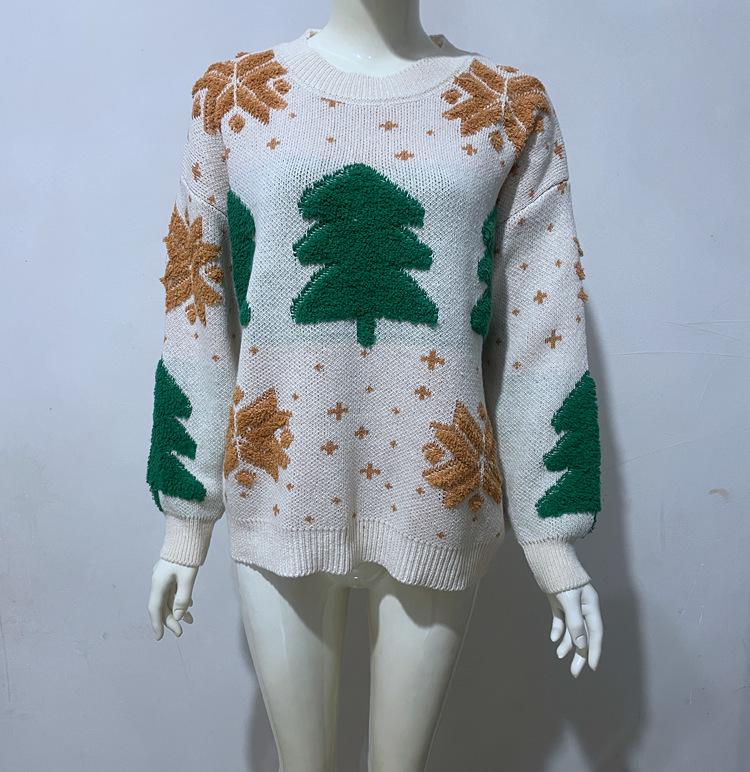 2025 Women's Embroidered Christmas Sweater - European & American Style Crew Neck Pullover with Snowflake and Tree Design