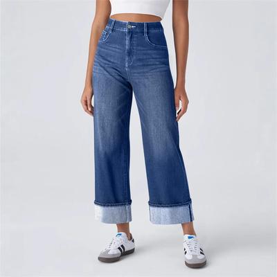 Women's Fashionable Solid Color Pocket Straight Leg Rolled Edge Jeans