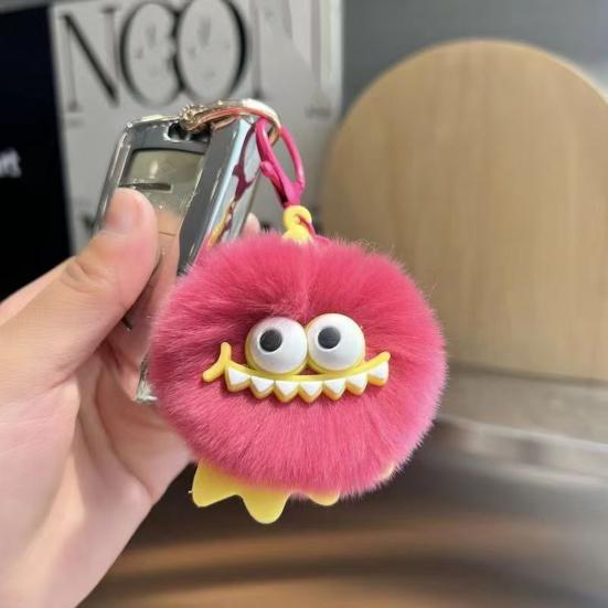 Monster-Inspired Plush Keychain Soft Fuzzy Fur Ball with Big Eyes & Teeth Eye-catching Bag Charm for Keys Backpacks Fun Gift for Teens & Adults