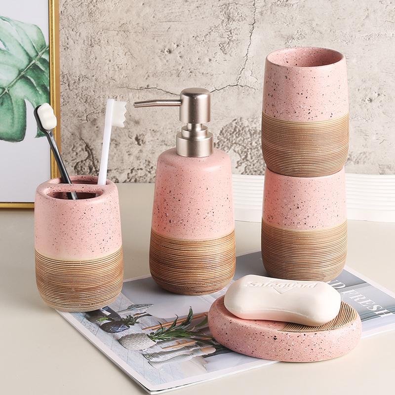 Pink ceramic toothbrush holder, mouth cup tooth cup soap dish dispenser lotion bottle bathroom accessories soap dispenser