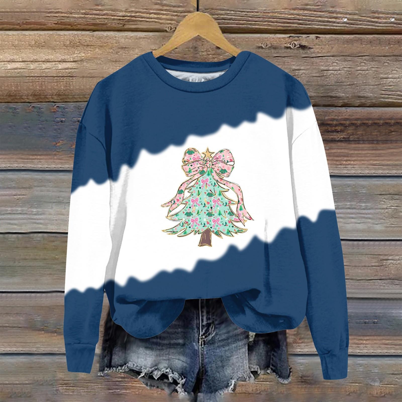 

Женская мода рождественский принт длинный рукав свободный круглый вырез толстовка топ осень XXL тёмно-синий