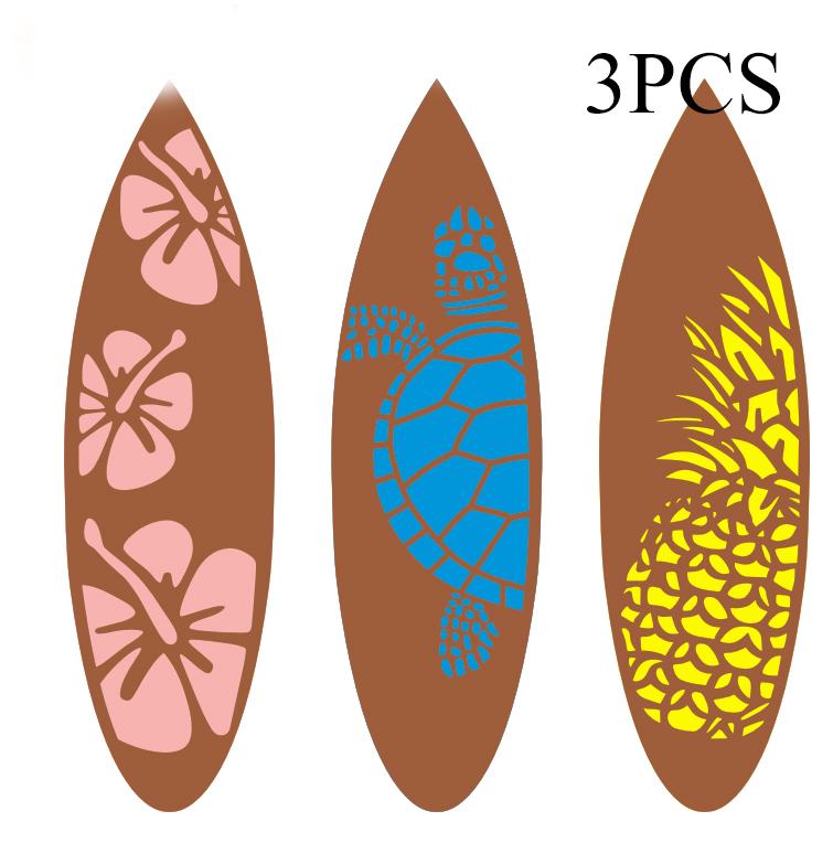 3pc Wooden Surfboard Wall Hanging Sign Summer Themed Hawaiian Tropical Hibiscus Flower Wall Decor Pineapple Sea Turtle Door Sign