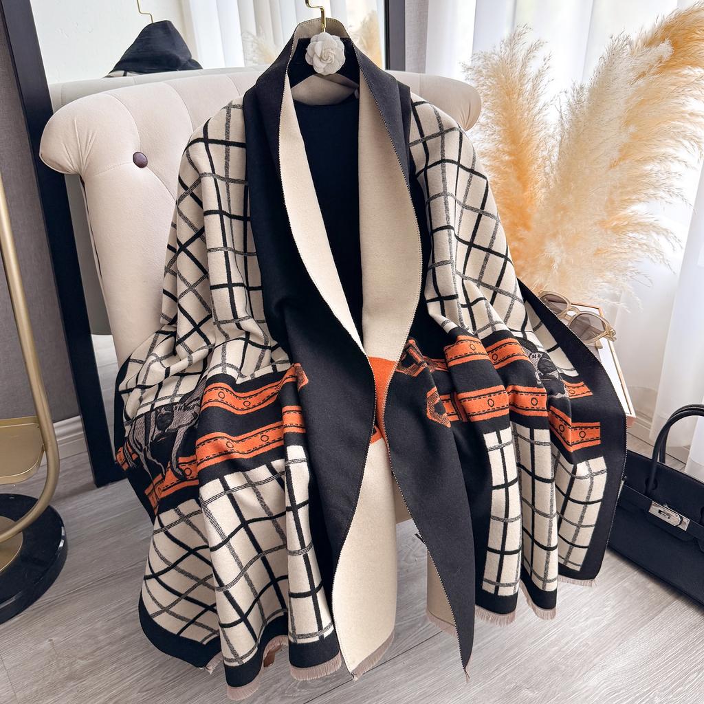 Luxury Women's Thick Faux Cashmere Scarf - Winter Warm Vintage Plaid & Warhorse Print Soft Shawl for Travel & Daily Wear