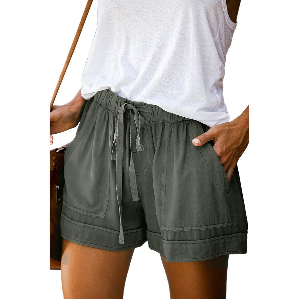 

Casual wide-leg loose shorts, summer new women s high-waisted elastic lace-up shorts S зелёный
