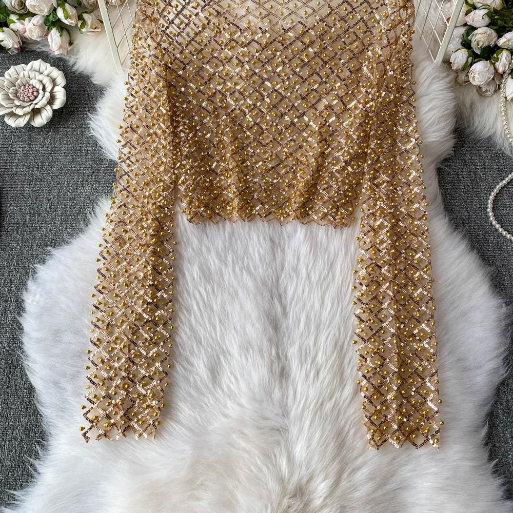 Iny Sequin Long Sve Round Ne Ort T-irt Women's Slim Fit Sli Korean Sle Commute Pure Color Summer Top