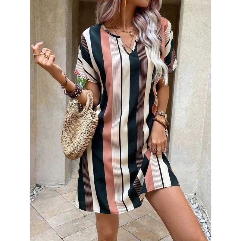 

Independent Station Amazon Elegant V Neck Fashion Style Striped Printed Short Sleeve Dress Casual Loose Waist A- line Skirt Khaki S