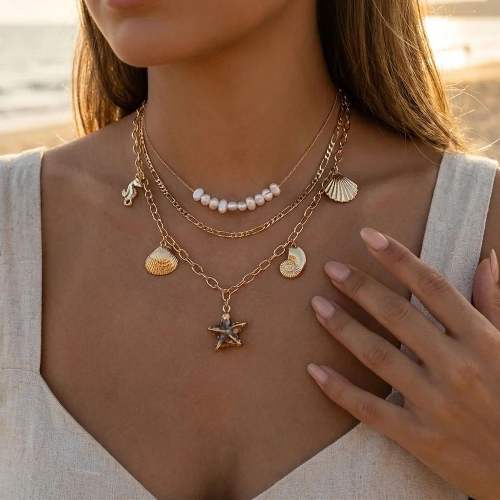 3pcs Ceramic Starfish Pendant Necklace for Women Metal Shell Conch Multi-Layered Clavicle Chain Summer Vacation Travel Jewelry