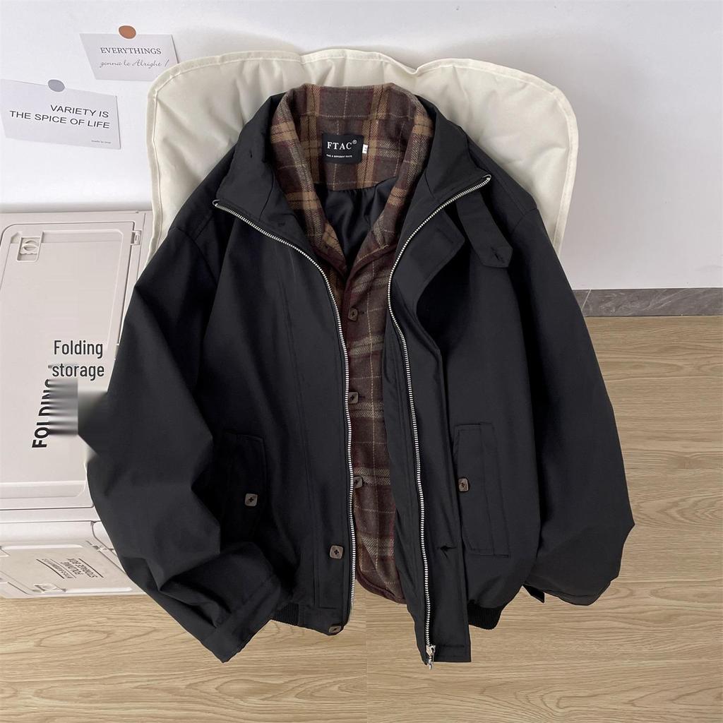 Men's Retro Plaid Patchwork Harrington Jacket - Two-Piece Layered Silhouette
