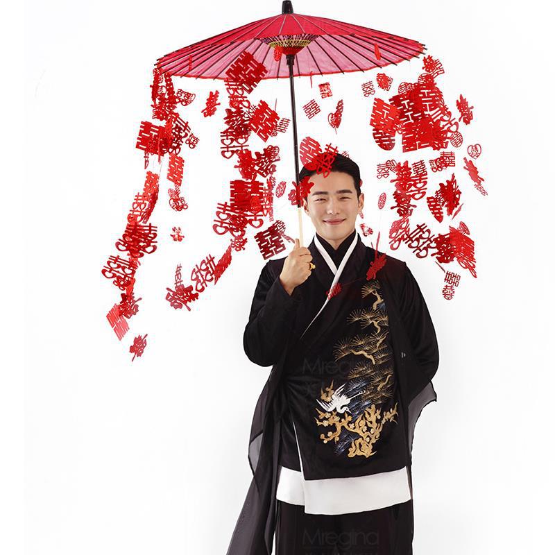 Retro Silk Tassel Xi Character Hanfu Red Flower Umbrella - Guochao Wedding Dress Photo Prop