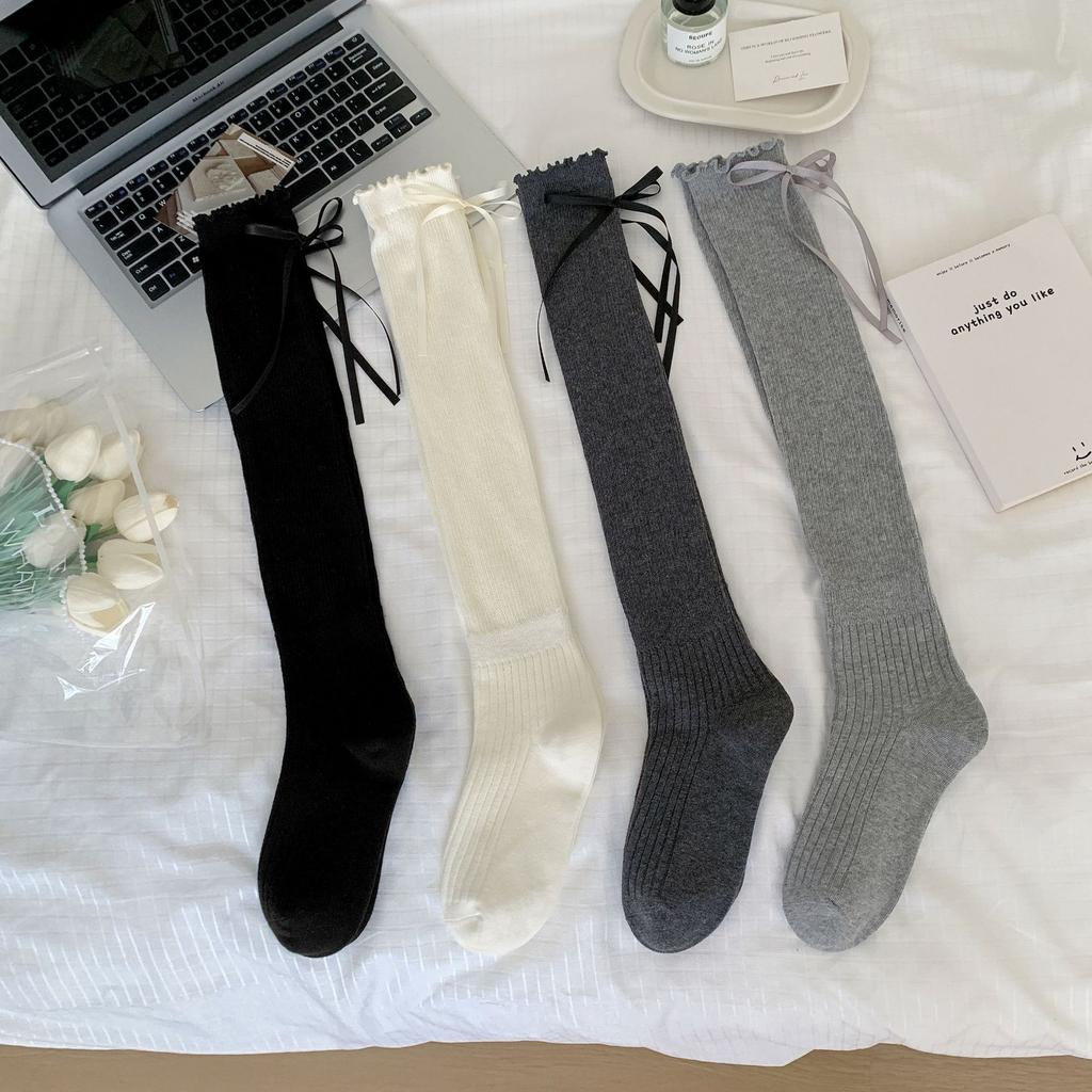 In The Early Autumn Of 2025, New Products, Fungus Edge Calf Socks, Bow Splicing, High Tube Solid Color Jk Knee Socks, Stacking Socks