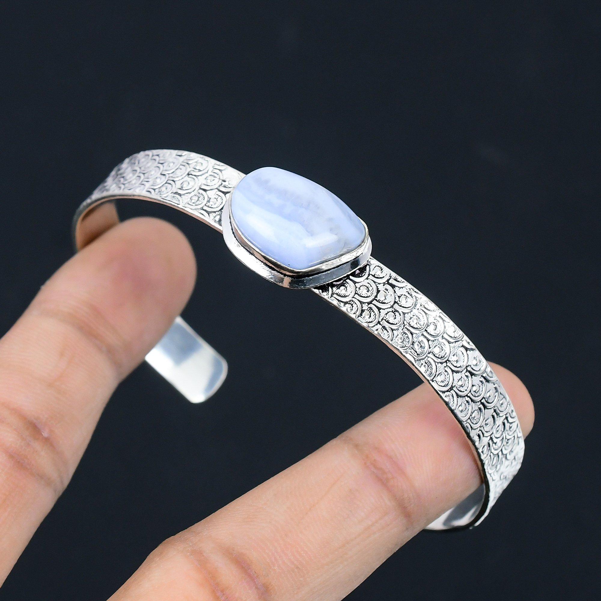 

Daughters Day Sale 925 Sterling Silver Blue Lace Agate Gemstone Bangle Bracelet Adjustable