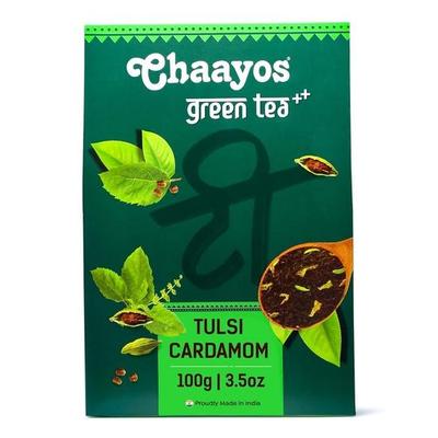 Chaayos Tulsi Kardamom Grüner Tee | Tulsi Kardamom Tee | Ganze Blätter loser Tee | Immunitätssteigernd - 100 g [50 Tassen] | Antioxidativer Grüner Tee | Grüner Tee