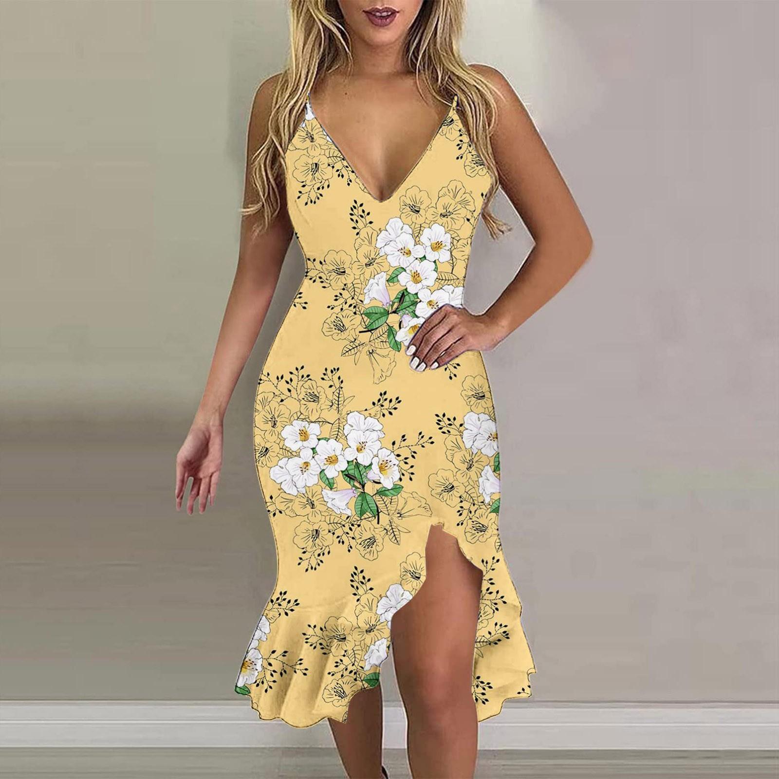 

Tight Hip Dress For Women V Neck Dresses Ladies Floral Print Cocktail Evening Party Sheath Dress L жовтий