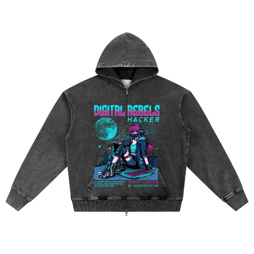 

DTG print Knitted Denim Zip-Up Hoodie Japan Samurai Brother Print Zipper Hoodies S