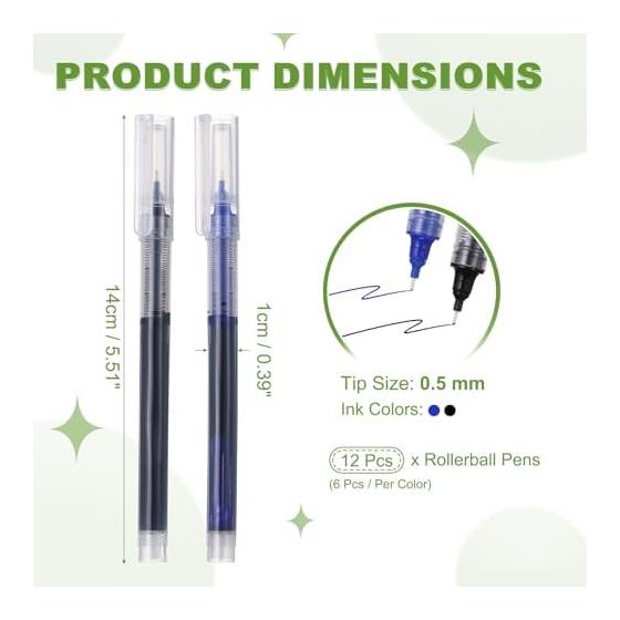 PATIKIL 12 Pcs Liquid Ink Rollerball Pens, 0.5mm Fine Needle Tip, Smooth Writing Gel Ink, Quick Dry, Black/Blue Ink, Office Supplies for Notebooks,